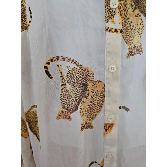 Sheer Cheetah Print Button-Down Long Sleeve Blouse animal print mob wife - Picture 4 of 7